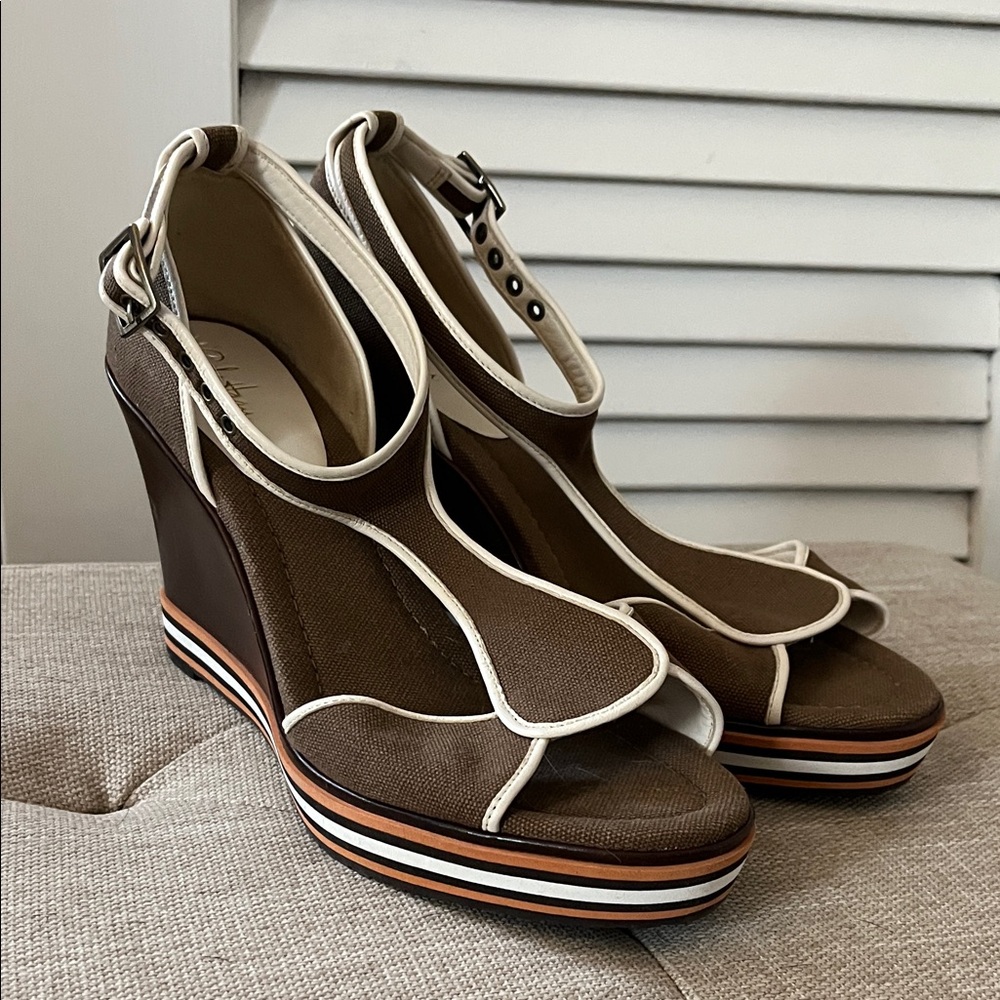 Cole Haan Air Ricki Brown and White T Strap Wedge Sandals